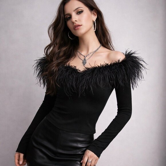 Vintage Cachet Womens Black Ostrich Feather Trim Top Size S Whimsigoth Goth Y2K - Picture 3 of 6